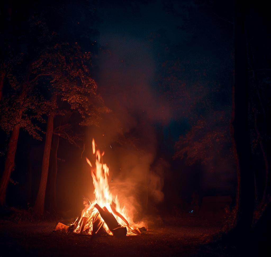 Campfire burning brightly at night in the Red River Gorge, KY.