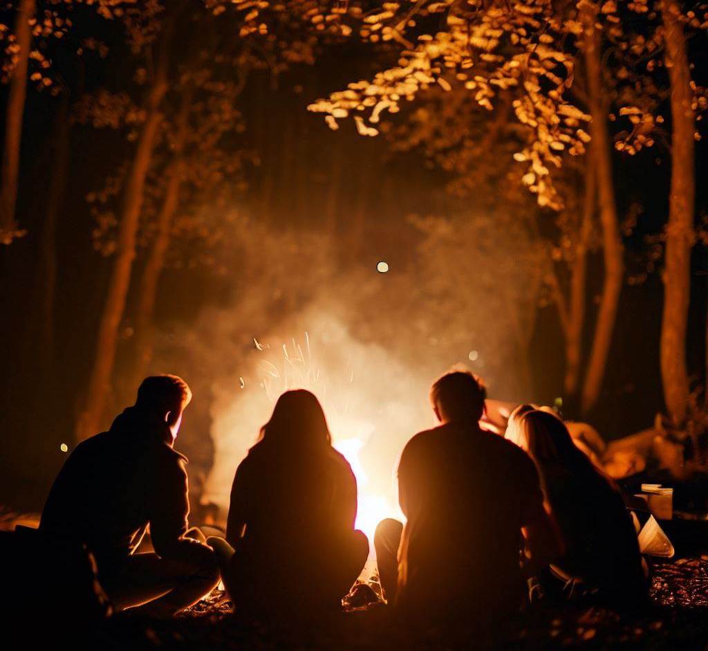 campfire overnight at the Red River Gorge Hiking kentucky Campfire at Red River Gorge, Kentucky. Friends enjoy multiple day hikes adventure.