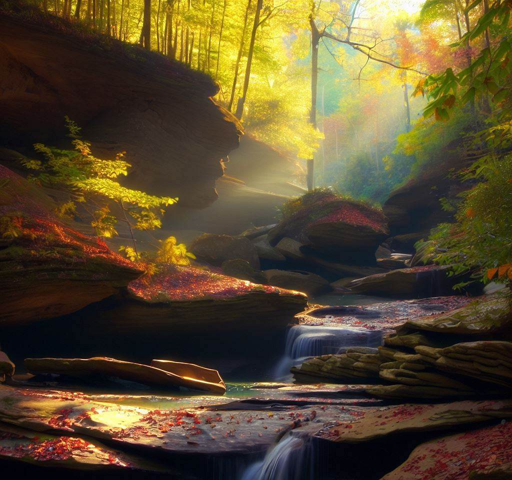 fall in the red river gorge Waterfall in Red River Gorge KY, sunlight through autumn trees. Hiking adventure.