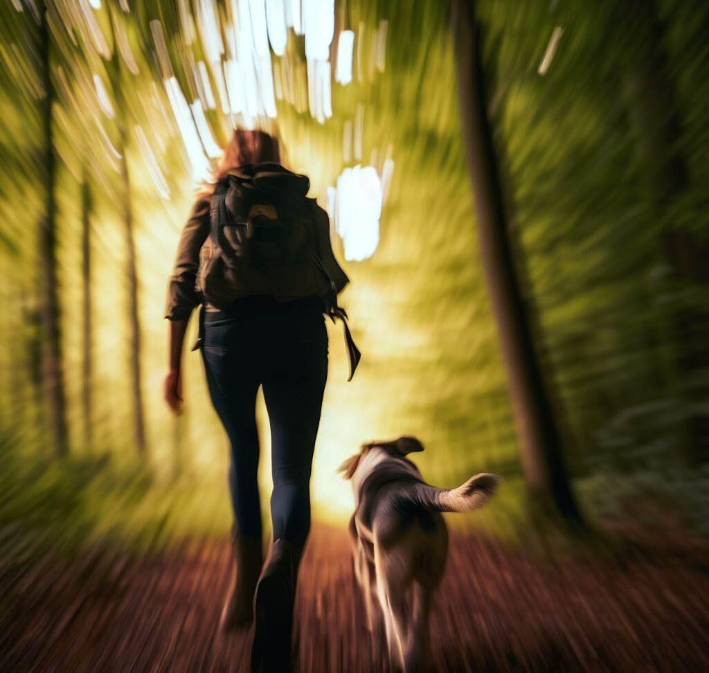 Hiking in Red River Gorge, KY with a dog. Backpacker and canine companion on a trail, enjoying nature.