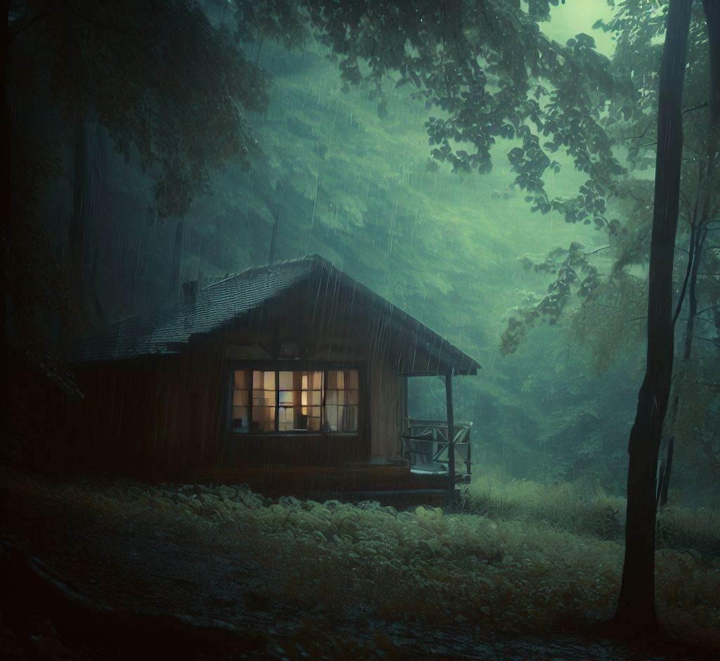 rainy day cabin in the red river gorge Cozy cabin in the Red River Gorge, KY, during a rainstorm. Warm light shines from the windows.