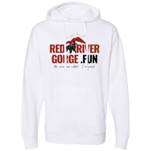 White Midweight Hooded Sweatshirt with Red River Gorge, KY graphic. 