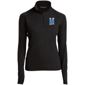 Black ladies' 1/2 zip pullover with a Mountain design, perfect for hiking in Red River Gorge, KY.
