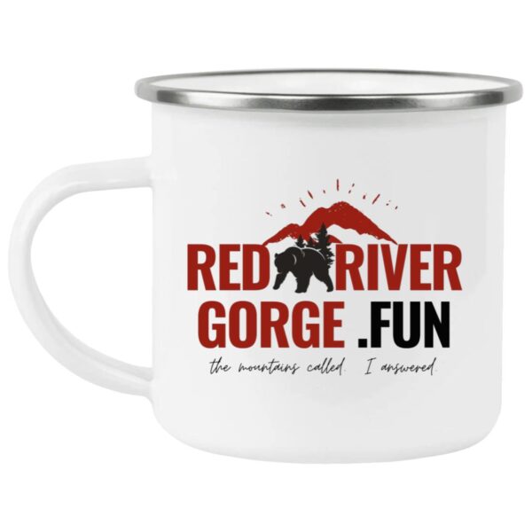 Red River Gorge camping mug featuring a bear, mountains, and the text 