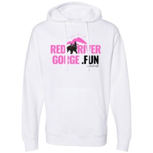 White hoodie with Red River Gorge KY logo, pink and black mountain design, promotes fun hikes and stays.