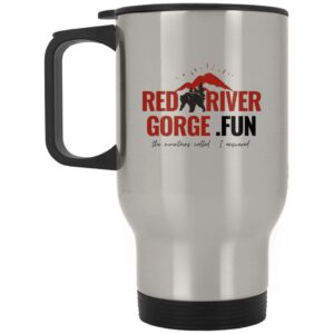 RedRiverGorge.fun travel mug with Red River Gorge graphic, featuring mountains, bear, and the text 