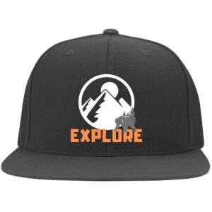 Black Explore flat bill cap with mountain, bear, and tree graphic, perfect for Red River Gorge adventures.