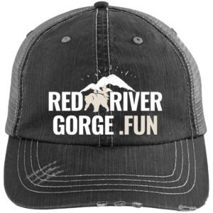 Red River Gorge KY trucker cap with mystery hike logo, perfect for fun adventures and stays in the region.
