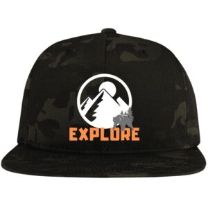 Camo Explore hat with mountain, sun, and bear design, perfect for a Red River Gorge KY adventure.