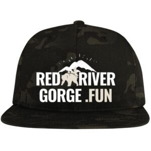 Red River Gorge.fun hat with mountain and bear logo on a camo flat bill snapback.