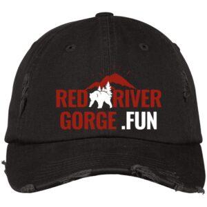 Red River Gorge hat with bear and trees logo. Red River Gorge .FUN text. Distressed dad cap.
