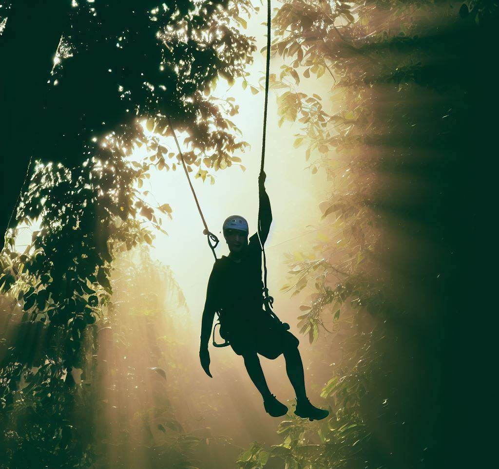 Adventurer ziplining through Red River Gorge, Kentucky, with sunlight streaming through the trees.