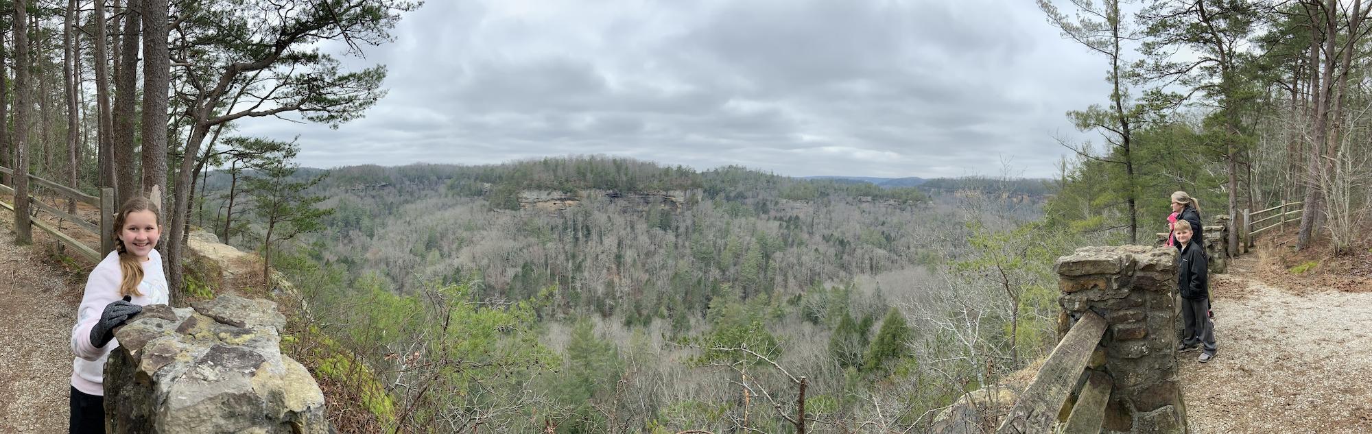 Kids at scenic overlook in Red River Gorge, Daniel Boone Forest, KY. Hiking adventure.
