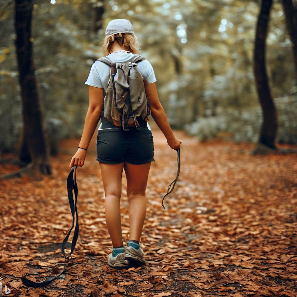 Hiker with backpack walking on leaf-covered trail in Red River Gorge, KY.