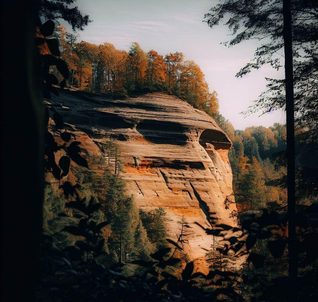 Rock overhang at Red River Gorge, KY, with fall foliage. One of the amazing overlooks to visit in Kentucky.