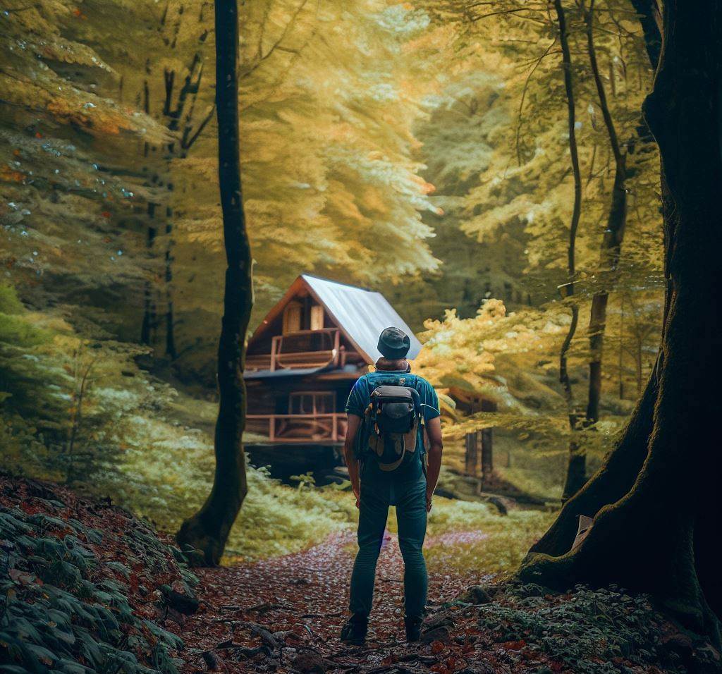 Hiker facing cabin in Red River Gorge, KY. Weekend getaway in nature.