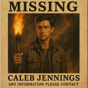 Missing person poster: Caleb Jennings, holding a torch. Smoke on The Mountain mystery adventure in Red River Gorge, KY.