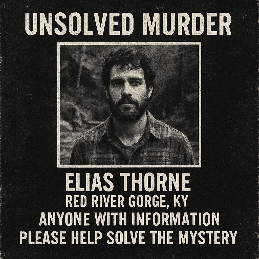 Unsolved murder poster: Elias Thorne, Red River Gorge, KY. Mystery hike experience in Kentucky.